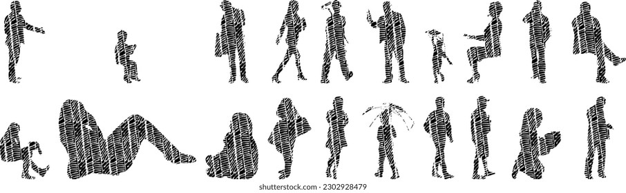 Vector illustration, Outline silhouettes of people, Contour drawing, people silhouette, Icon Set Isolated , Silhouette of sitting people, Architectural set	
