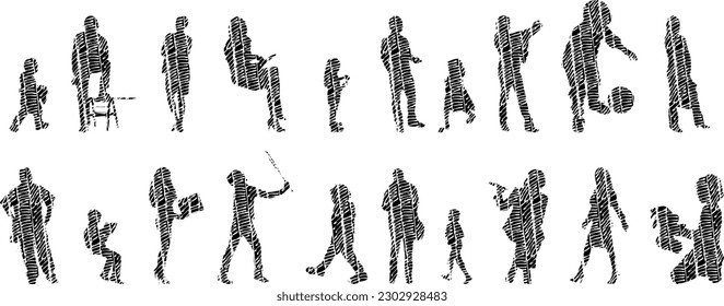 Vector illustration, Outline silhouettes of people, Contour drawing, people silhouette, Icon Set Isolated , Silhouette of sitting people, Architectural set	
