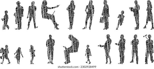 Vector illustration, Outline silhouettes of people, Contour drawing, people silhouette, Icon Set Isolated , Silhouette of sitting people, Architectural set	
