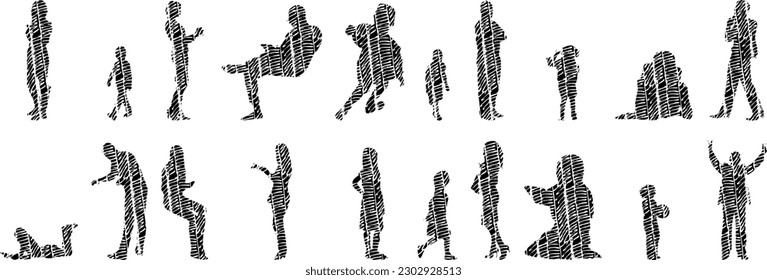 Vector illustration, Outline silhouettes of people, Contour drawing, people silhouette, Icon Set Isolated , Silhouette of sitting people, Architectural set	

