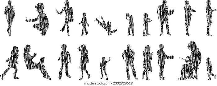 Vector illustration, Outline silhouettes of people, Contour drawing, people silhouette, Icon Set Isolated , Silhouette of sitting people, Architectural set	
