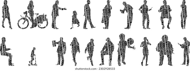 Vector illustration, Outline silhouettes of people, Contour drawing, people silhouette, Icon Set Isolated , Silhouette of sitting people, Architectural set	
