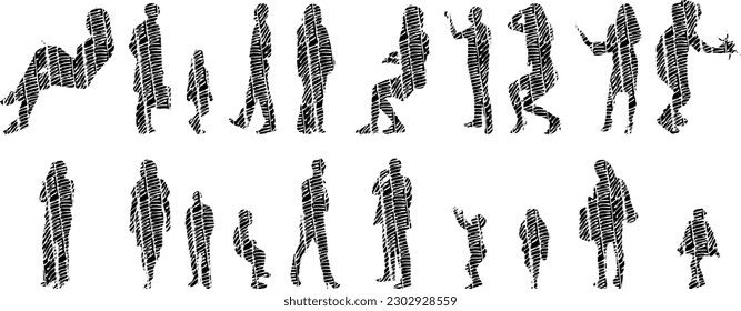 Vector illustration, Outline silhouettes of people, Contour drawing, people silhouette, Icon Set Isolated , Silhouette of sitting people, Architectural set	
