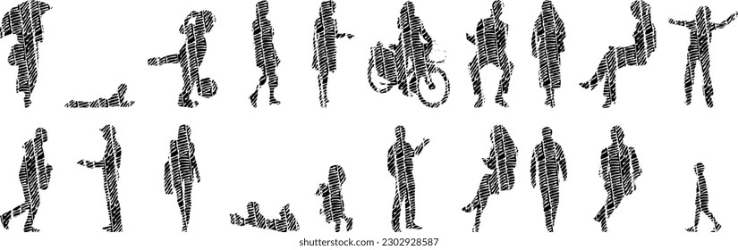 Vector illustration, Outline silhouettes of people, Contour drawing, people silhouette, Icon Set Isolated , Silhouette of sitting people, Architectural set	
