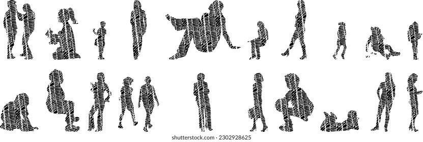 Vector illustration, Outline silhouettes of people, Contour drawing, people silhouette, Icon Set Isolated , Silhouette of sitting people, Architectural set	
