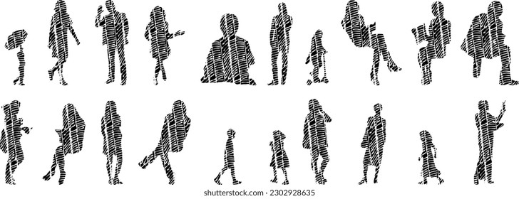 Vector illustration, Outline silhouettes of people, Contour drawing, people silhouette, Icon Set Isolated , Silhouette of sitting people, Architectural set	
