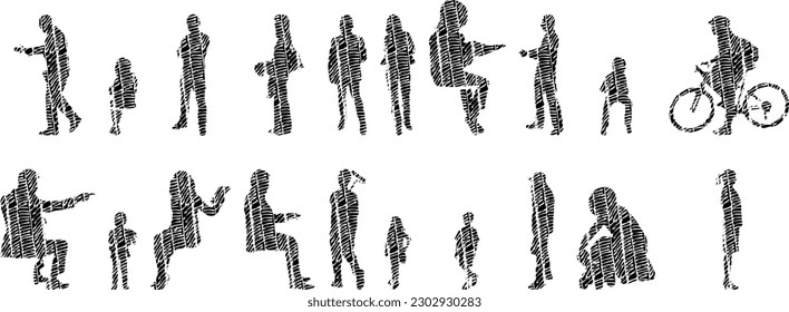 Vector illustration, Outline silhouettes of people, Contour drawing, people silhouette, Icon Set Isolated , Silhouette of sitting people, Architectural set	
