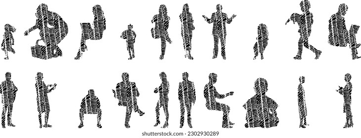 Vector illustration, Outline silhouettes of people, Contour drawing, people silhouette, Icon Set Isolated , Silhouette of sitting people, Architectural set	
