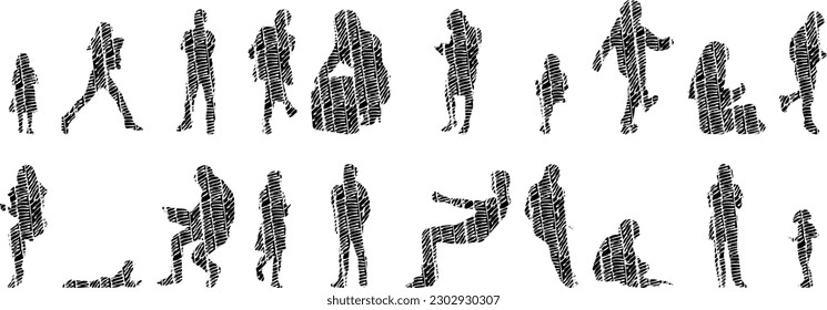 Vector illustration, Outline silhouettes of people, Contour drawing, people silhouette, Icon Set Isolated , Silhouette of sitting people, Architectural set	
