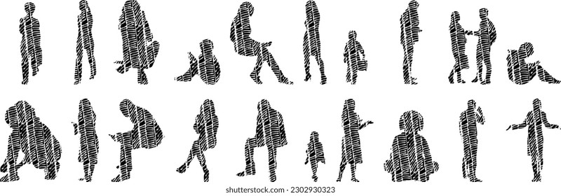 Vector illustration, Outline silhouettes of people, Contour drawing, people silhouette, Icon Set Isolated , Silhouette of sitting people, Architectural set	
