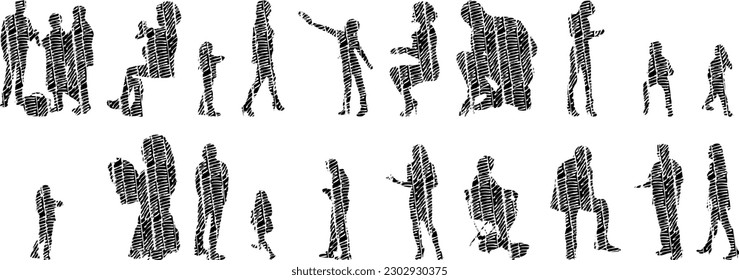 Vector illustration, Outline silhouettes of people, Contour drawing, people silhouette, Icon Set Isolated , Silhouette of sitting people, Architectural set	
