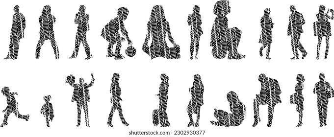 Vector illustration, Outline silhouettes of people, Contour drawing, people silhouette, Icon Set Isolated , Silhouette of sitting people, Architectural set	
