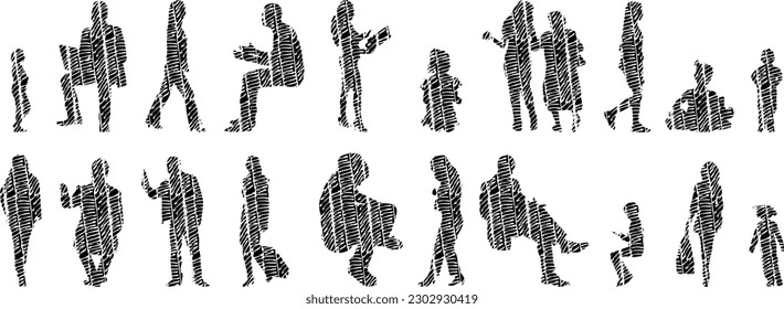 Vector illustration, Outline silhouettes of people, Contour drawing, people silhouette, Icon Set Isolated , Silhouette of sitting people, Architectural set	
