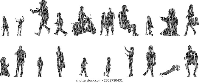 Vector illustration, Outline silhouettes of people, Contour drawing, people silhouette, Icon Set Isolated , Silhouette of sitting people, Architectural set	

