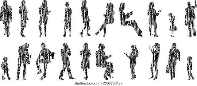 Vector illustration, Outline silhouettes of people, Contour drawing, people silhouette, Icon Set Isolated , Silhouette of sitting people, Architectural set	
