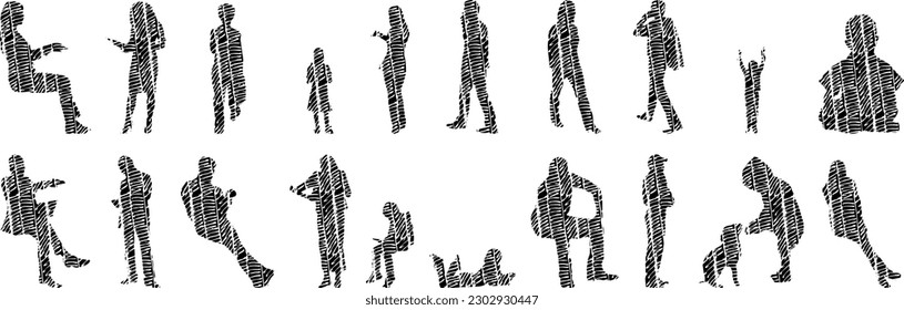 Vector illustration, Outline silhouettes of people, Contour drawing, people silhouette, Icon Set Isolated , Silhouette of sitting people, Architectural set	
