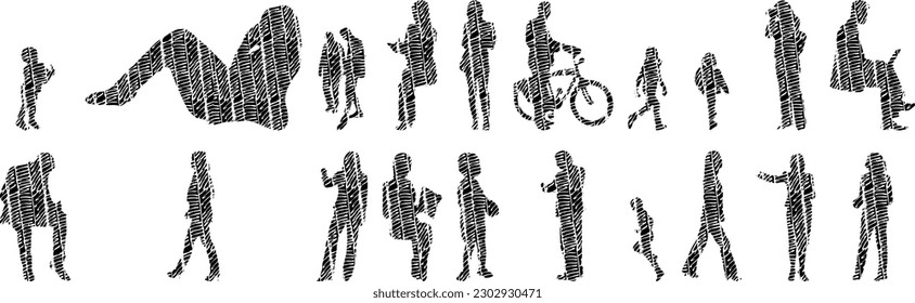 Vector illustration, Outline silhouettes of people, Contour drawing, people silhouette, Icon Set Isolated , Silhouette of sitting people, Architectural set	
