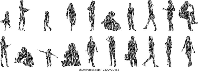 Vector illustration, Outline silhouettes of people, Contour drawing, people silhouette, Icon Set Isolated , Silhouette of sitting people, Architectural set	
