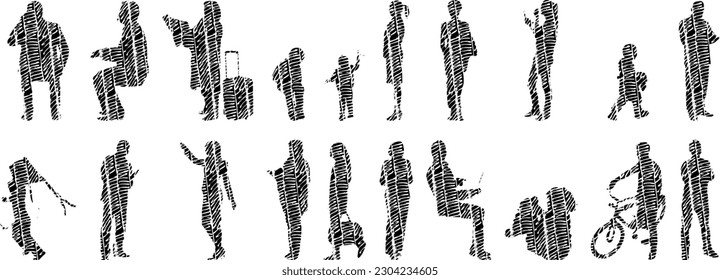 Vector illustration, Outline silhouettes of people, Contour drawing, people silhouette, Icon Set Isolated , Silhouette of sitting people, Architectural set	
