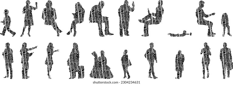 Vector illustration, Outline silhouettes of people, Contour drawing, people silhouette, Icon Set Isolated , Silhouette of sitting people, Architectural set	
