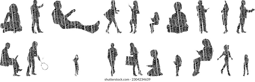 Vector illustration, Outline silhouettes of people, Contour drawing, people silhouette, Icon Set Isolated , Silhouette of sitting people, Architectural set	
