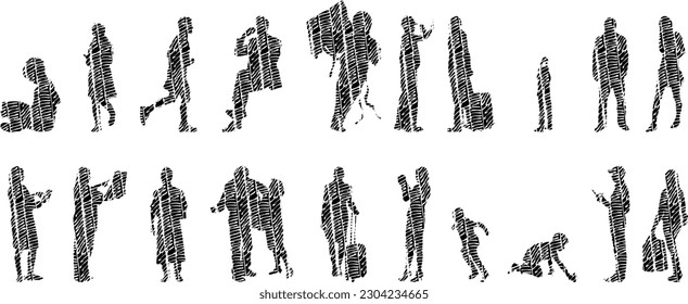 Vector illustration, Outline silhouettes of people, Contour drawing, people silhouette, Icon Set Isolated , Silhouette of sitting people, Architectural set	
