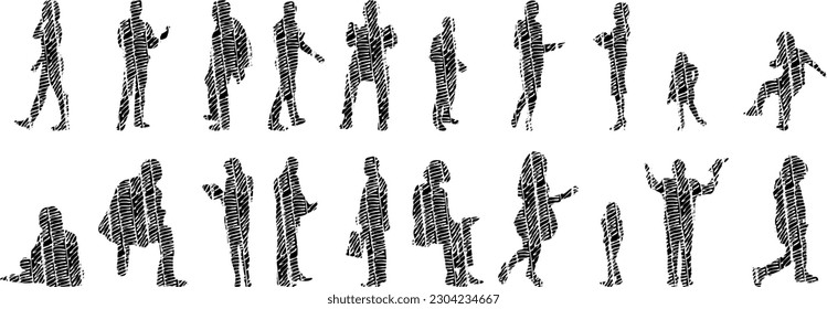 Vector illustration, Outline silhouettes of people, Contour drawing, people silhouette, Icon Set Isolated , Silhouette of sitting people, Architectural set	
