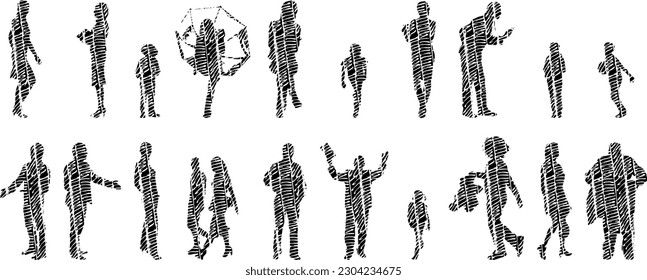 Vector illustration, Outline silhouettes of people, Contour drawing, people silhouette, Icon Set Isolated , Silhouette of sitting people, Architectural set	
