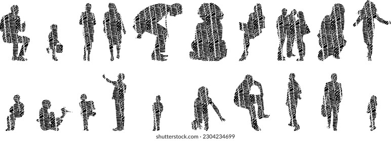 Vector illustration, Outline silhouettes of people, Contour drawing, people silhouette, Icon Set Isolated , Silhouette of sitting people, Architectural set	
