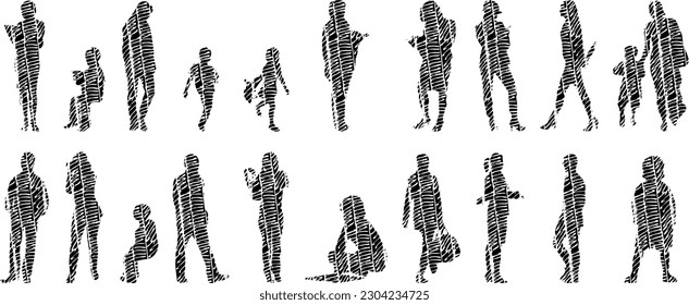 Vector illustration, Outline silhouettes of people, Contour drawing, people silhouette, Icon Set Isolated , Silhouette of sitting people, Architectural set	

