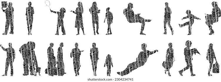 Vector illustration, Outline silhouettes of people, Contour drawing, people silhouette, Icon Set Isolated , Silhouette of sitting people, Architectural set	
