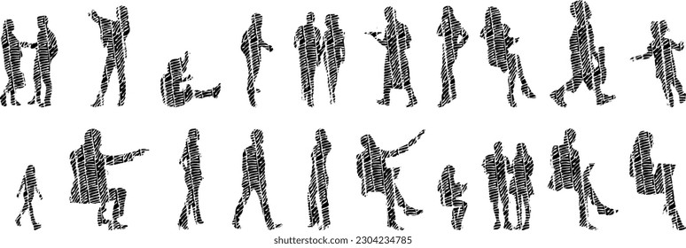 Vector illustration, Outline silhouettes of people, Contour drawing, people silhouette, Icon Set Isolated , Silhouette of sitting people, Architectural set	
