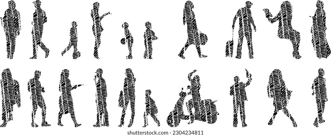 Vector illustration, Outline silhouettes of people, Contour drawing, people silhouette, Icon Set Isolated , Silhouette of sitting people, Architectural set	
