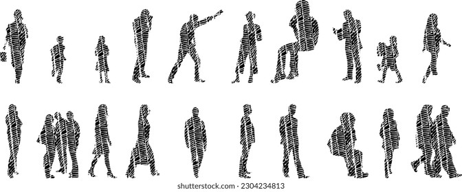 Vector illustration, Outline silhouettes of people, Contour drawing, people silhouette, Icon Set Isolated , Silhouette of sitting people, Architectural set	
