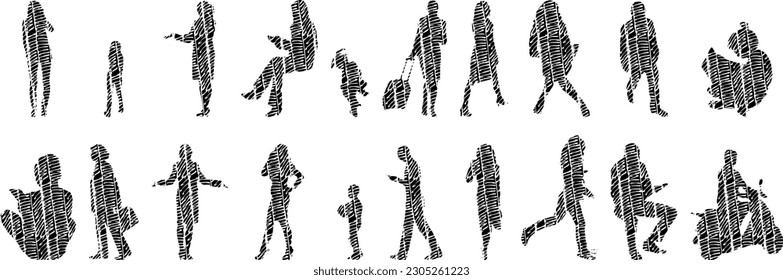 Vector illustration, Outline silhouettes of people, Contour drawing, people silhouette, Icon Set Isolated , Silhouette of sitting people, Architectural set	
