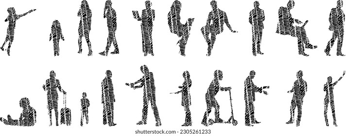 Vector illustration, Outline silhouettes of people, Contour drawing, people silhouette, Icon Set Isolated , Silhouette of sitting people, Architectural set	
