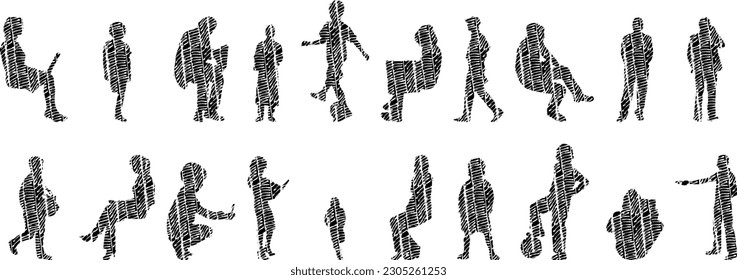 Vector illustration, Outline silhouettes of people, Contour drawing, people silhouette, Icon Set Isolated , Silhouette of sitting people, Architectural set	
