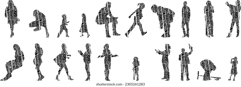 Vector illustration, Outline silhouettes of people, Contour drawing, people silhouette, Icon Set Isolated , Silhouette of sitting people, Architectural set	
