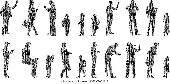 Vector illustration, Outline silhouettes of people, Contour drawing, people silhouette, Icon Set Isolated , Silhouette of sitting people, Architectural set	
