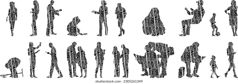 Vector illustration, Outline silhouettes of people, Contour drawing, people silhouette, Icon Set Isolated , Silhouette of sitting people, Architectural set	
