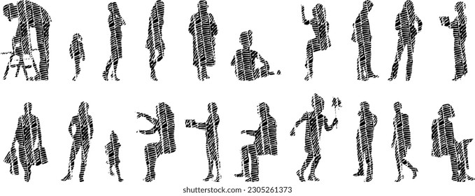 Vector illustration, Outline silhouettes of people, Contour drawing, people silhouette, Icon Set Isolated , Silhouette of sitting people, Architectural set	
