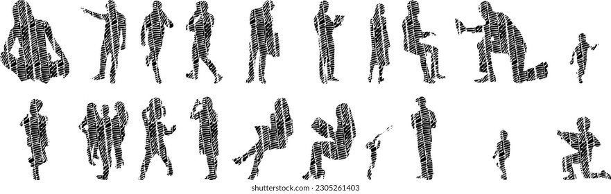 Vector illustration, Outline silhouettes of people, Contour drawing, people silhouette, Icon Set Isolated , Silhouette of sitting people, Architectural set	
