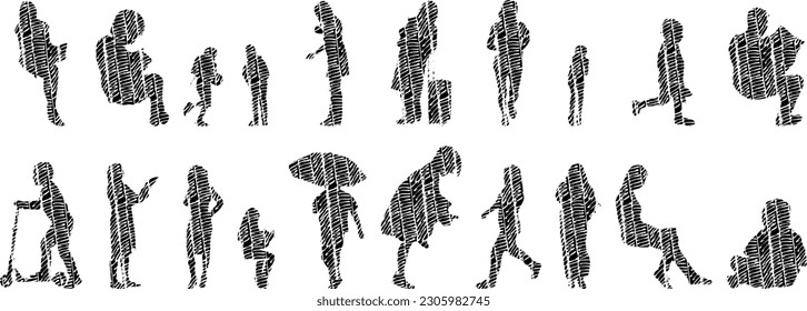 Vector illustration, Outline silhouettes of people, Contour drawing, people silhouette, Icon Set Isolated , Silhouette of sitting people, Architectural set	
