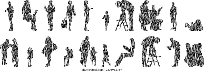 Vector illustration, Outline silhouettes of people, Contour drawing, people silhouette, Icon Set Isolated , Silhouette of sitting people, Architectural set	
