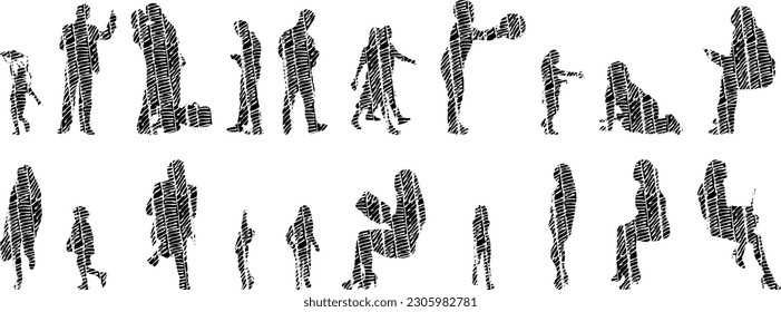 Vector illustration, Outline silhouettes of people, Contour drawing, people silhouette, Icon Set Isolated , Silhouette of sitting people, Architectural set	
