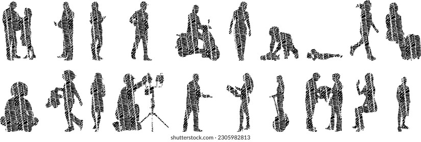 Vector illustration, Outline silhouettes of people, Contour drawing, people silhouette, Icon Set Isolated , Silhouette of sitting people, Architectural set	
