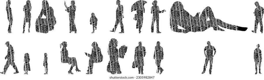 Vector illustration, Outline silhouettes of people, Contour drawing, people silhouette, Icon Set Isolated , Silhouette of sitting people, Architectural set	
