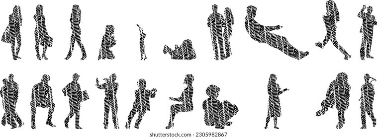 Vector illustration, Outline silhouettes of people, Contour drawing, people silhouette, Icon Set Isolated , Silhouette of sitting people, Architectural set	
