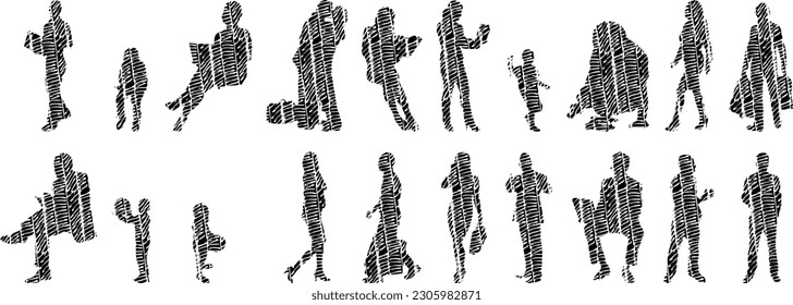 Vector illustration, Outline silhouettes of people, Contour drawing, people silhouette, Icon Set Isolated , Silhouette of sitting people, Architectural set	
