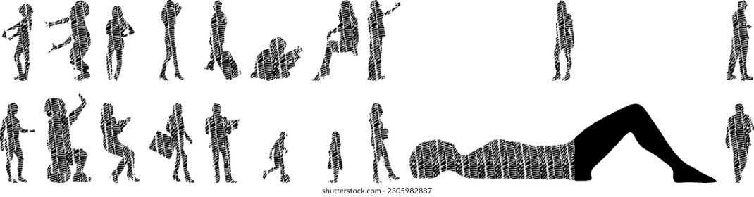 Vector illustration, Outline silhouettes of people, Contour drawing, people silhouette, Icon Set Isolated , Silhouette of sitting people, Architectural set	
